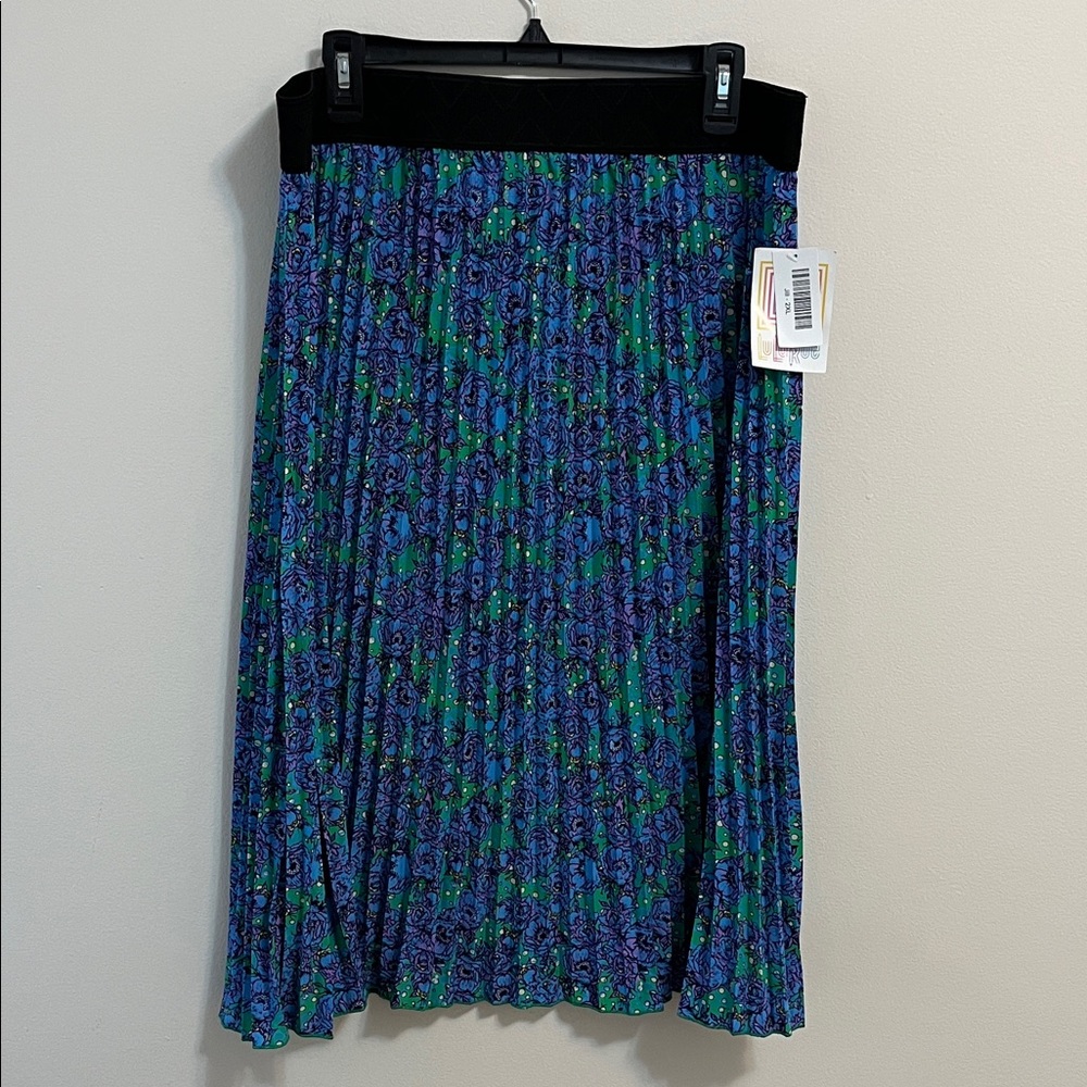 LuLaRoe Jill Pleated Skirt 2XL Midi Blue Green Floral Pattern Elastic Waistband